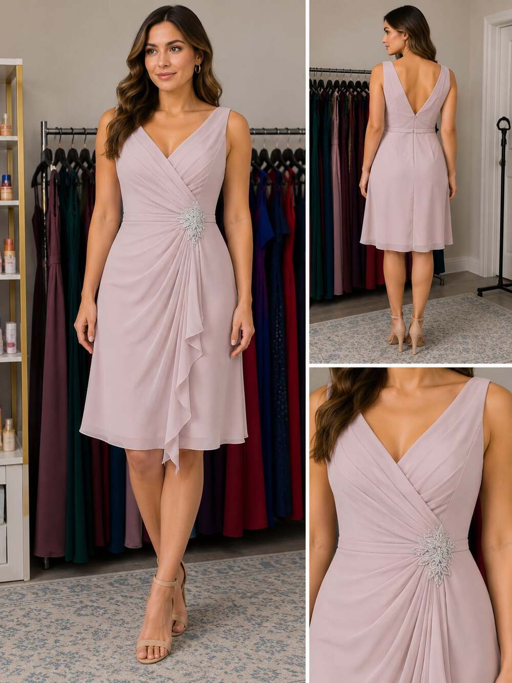 Jasmine Sleeveless V-Neck Ruched Chiffon Cocktail Dress with Embellishment
